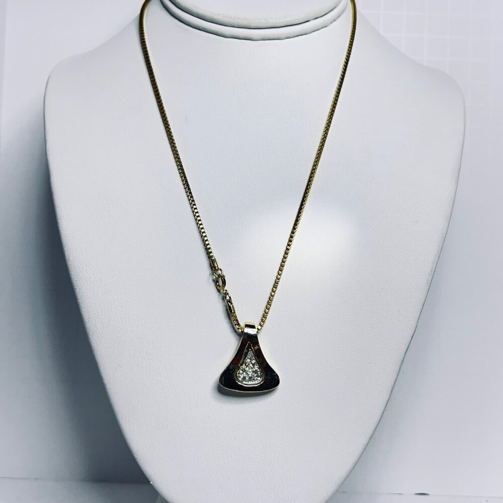 Vintage Gold Tone Box Chain Necklace With Clear Rhinestone Pave Pendant (5682)